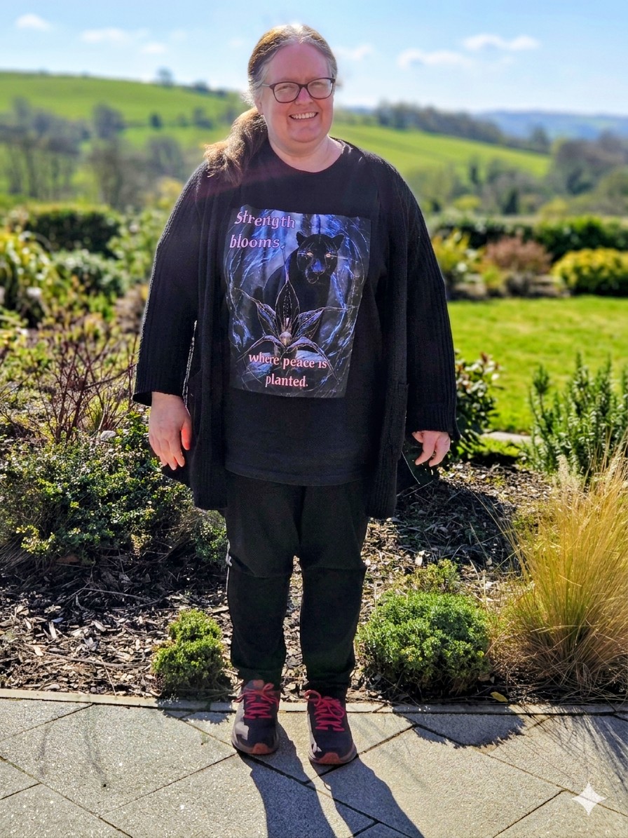 Rosemary wearing the Shadow's Journey cinematic t-shirt