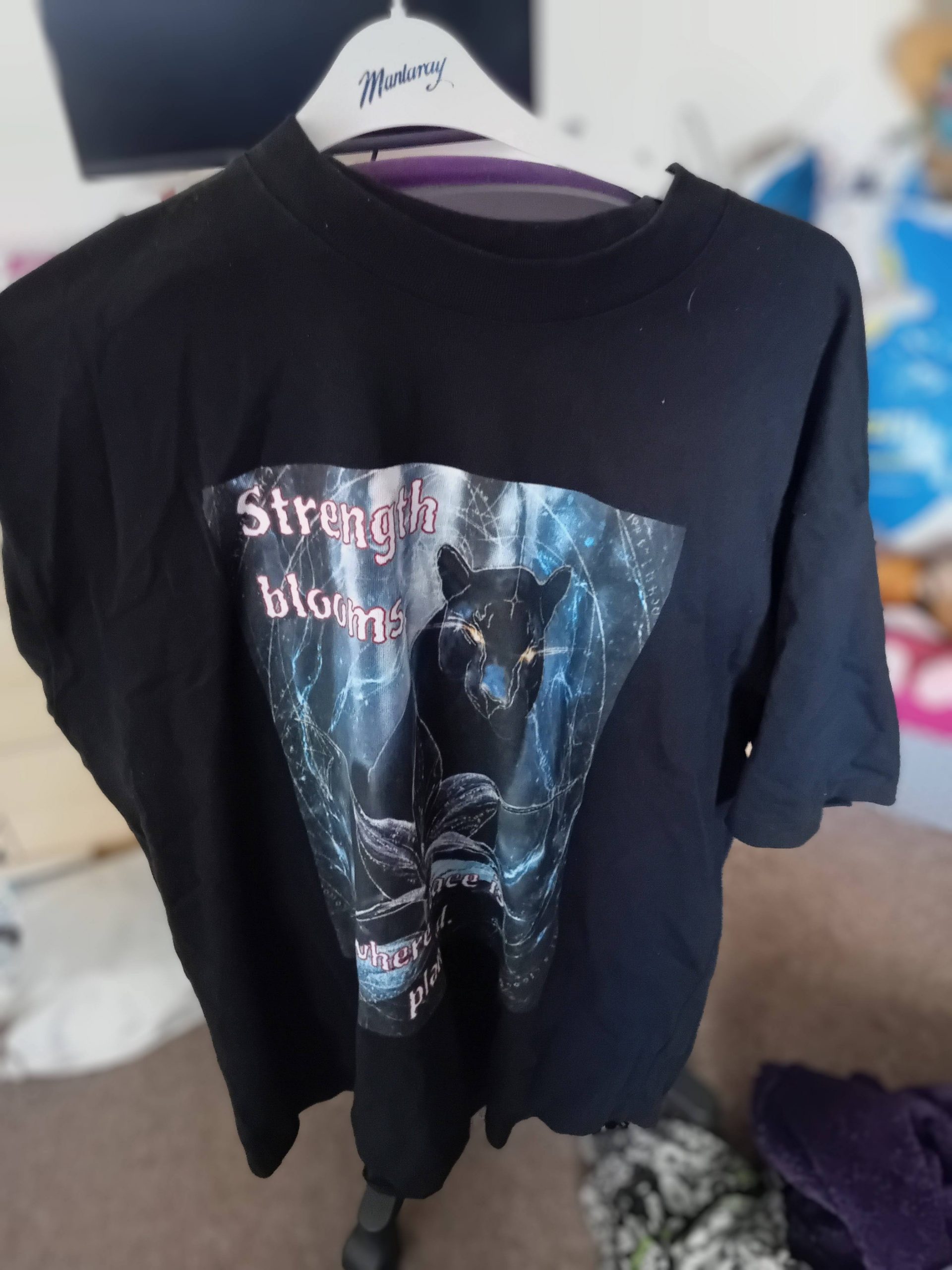 On a hangar the Shadow's Journey cinematic t-shirt rests