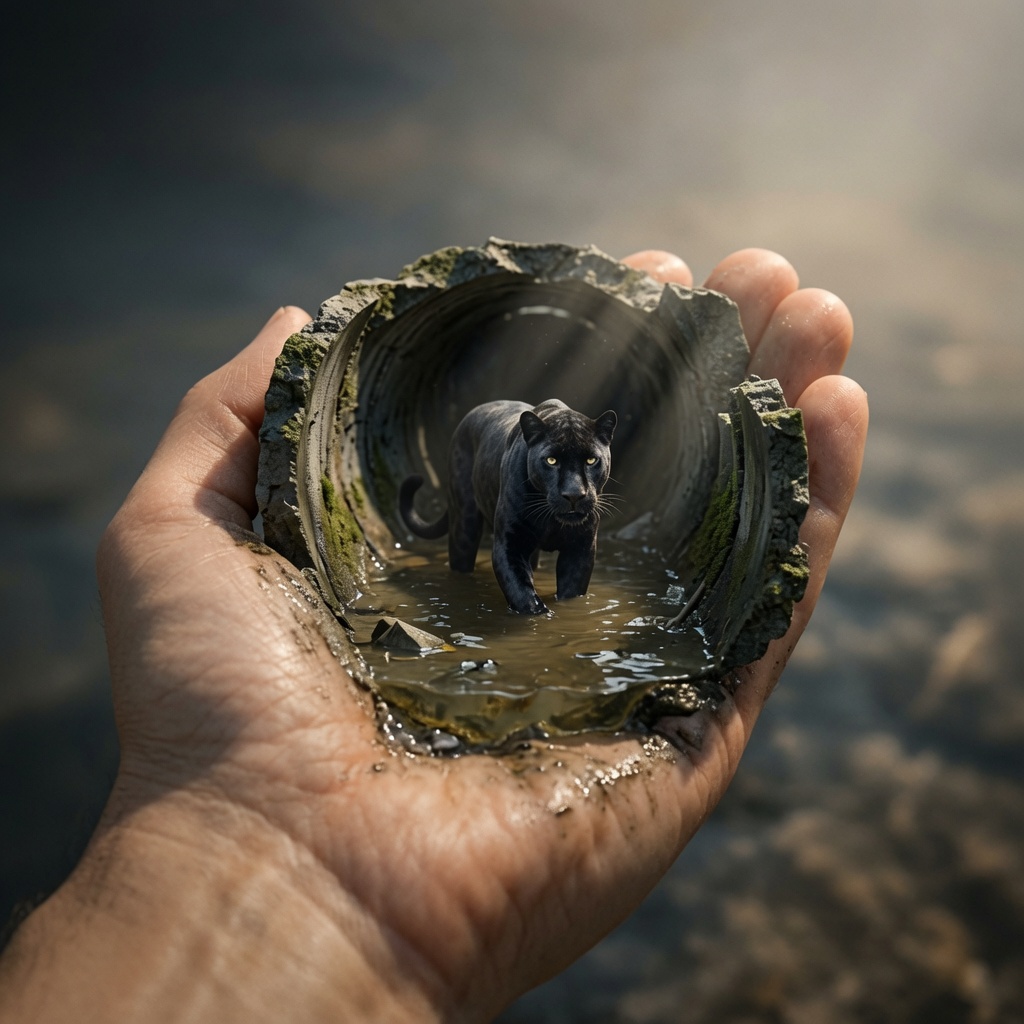 sewer in a hand, with a panther in water in the tunnel.