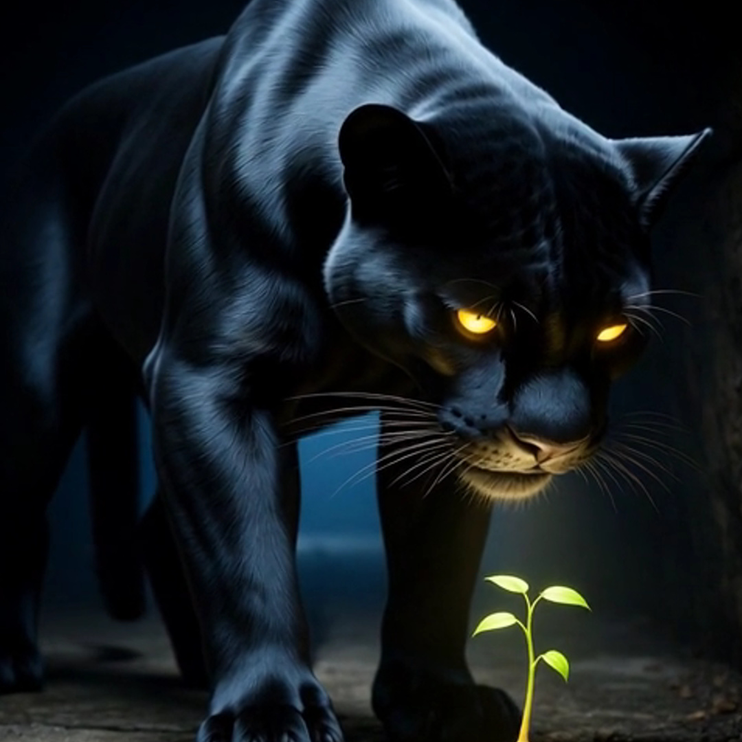 plant growing from crack panther looks on.