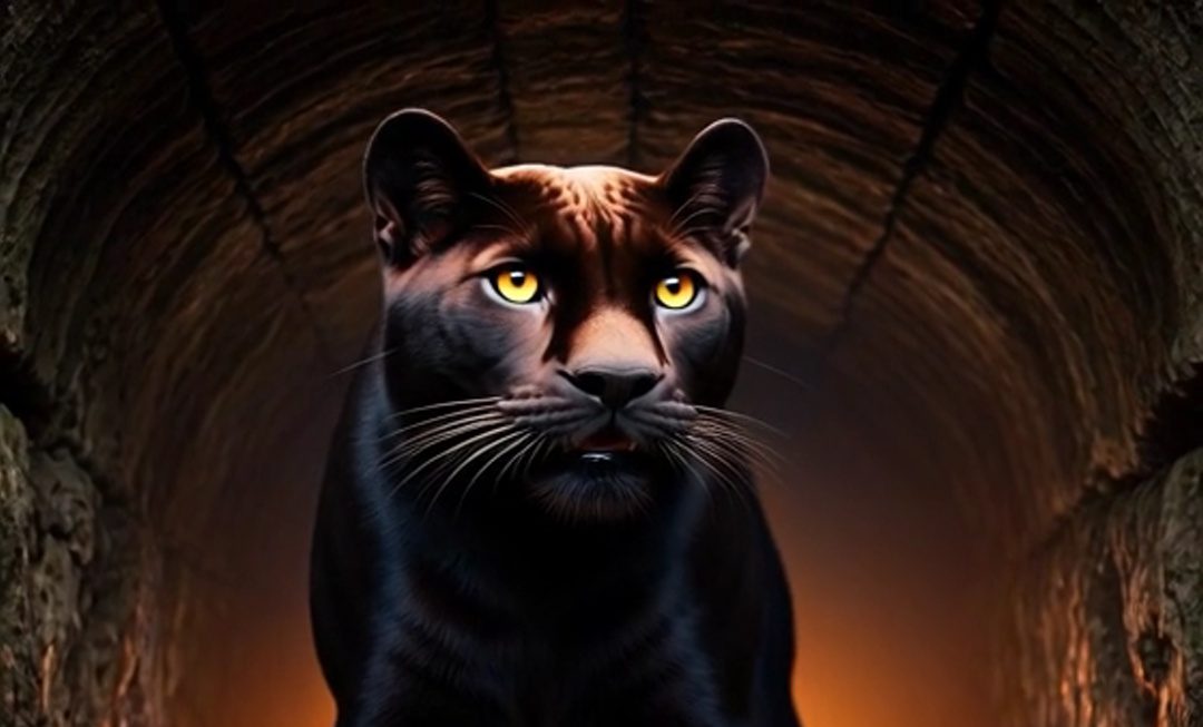 Panther standing in tunnel with sun shining down from entrance.