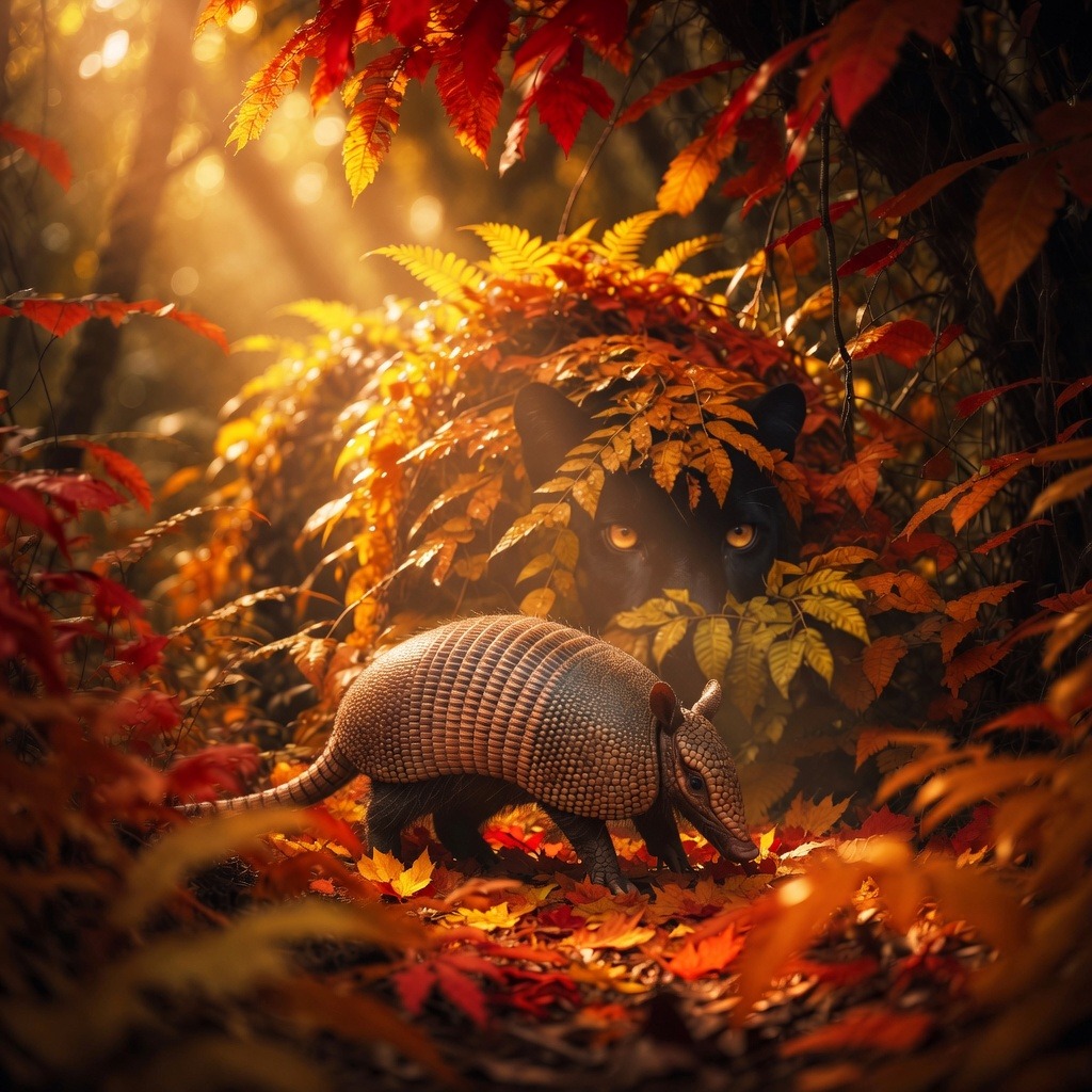 Panther hiding under leaves. with armadillo in front.